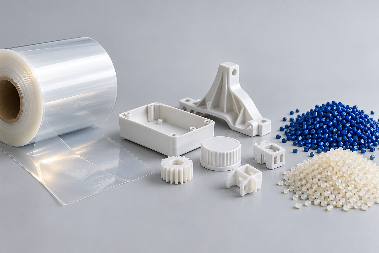 Illustration of polymer film, molded components and masterbatch granules