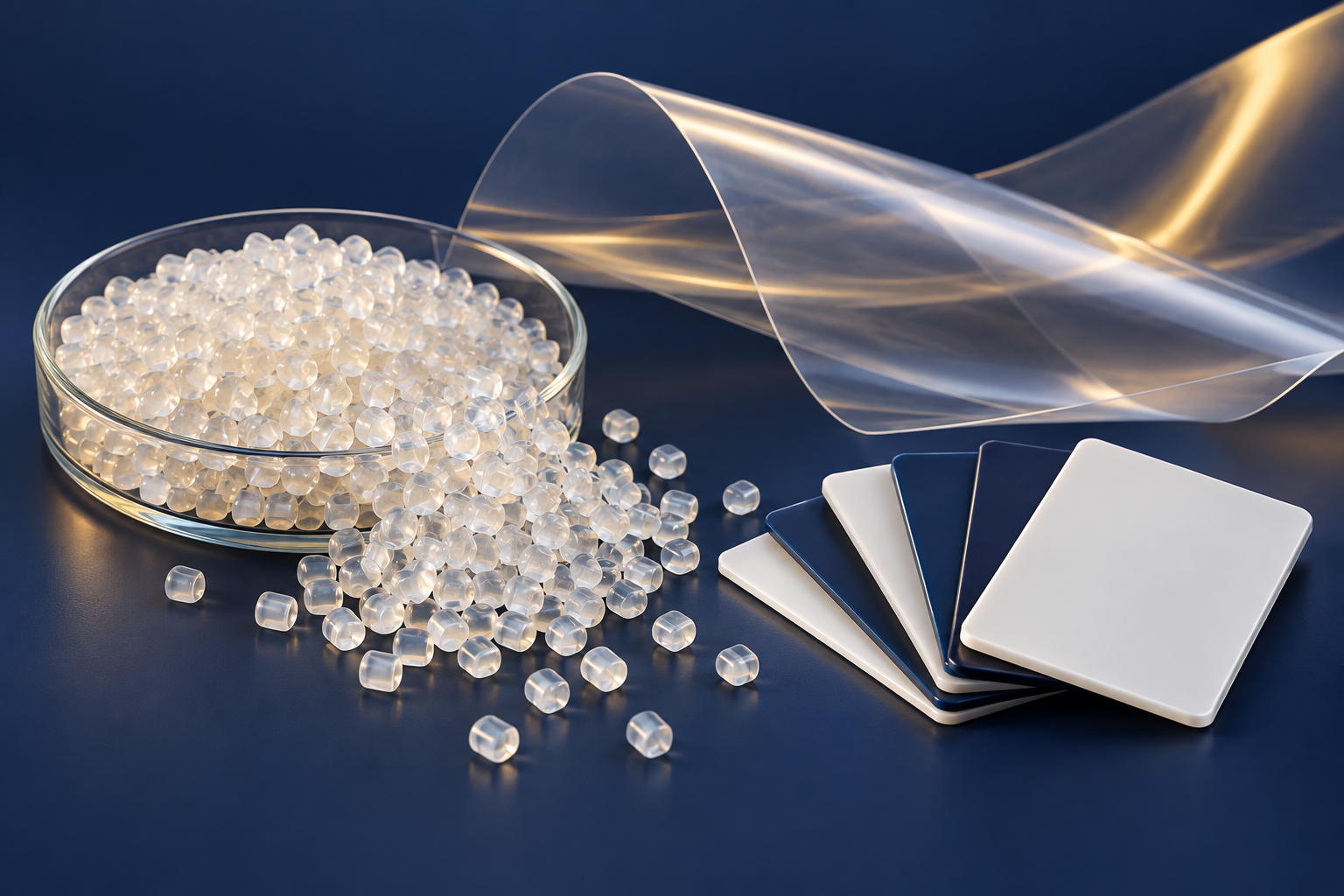 Illustration of polymer pellets, molded samples and film